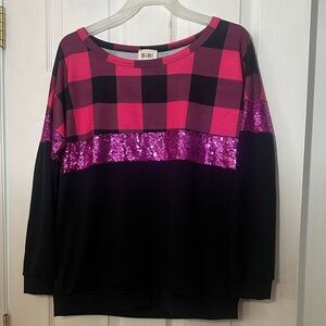 BiBi Pink and Black Checkered Sequin Top, Medium